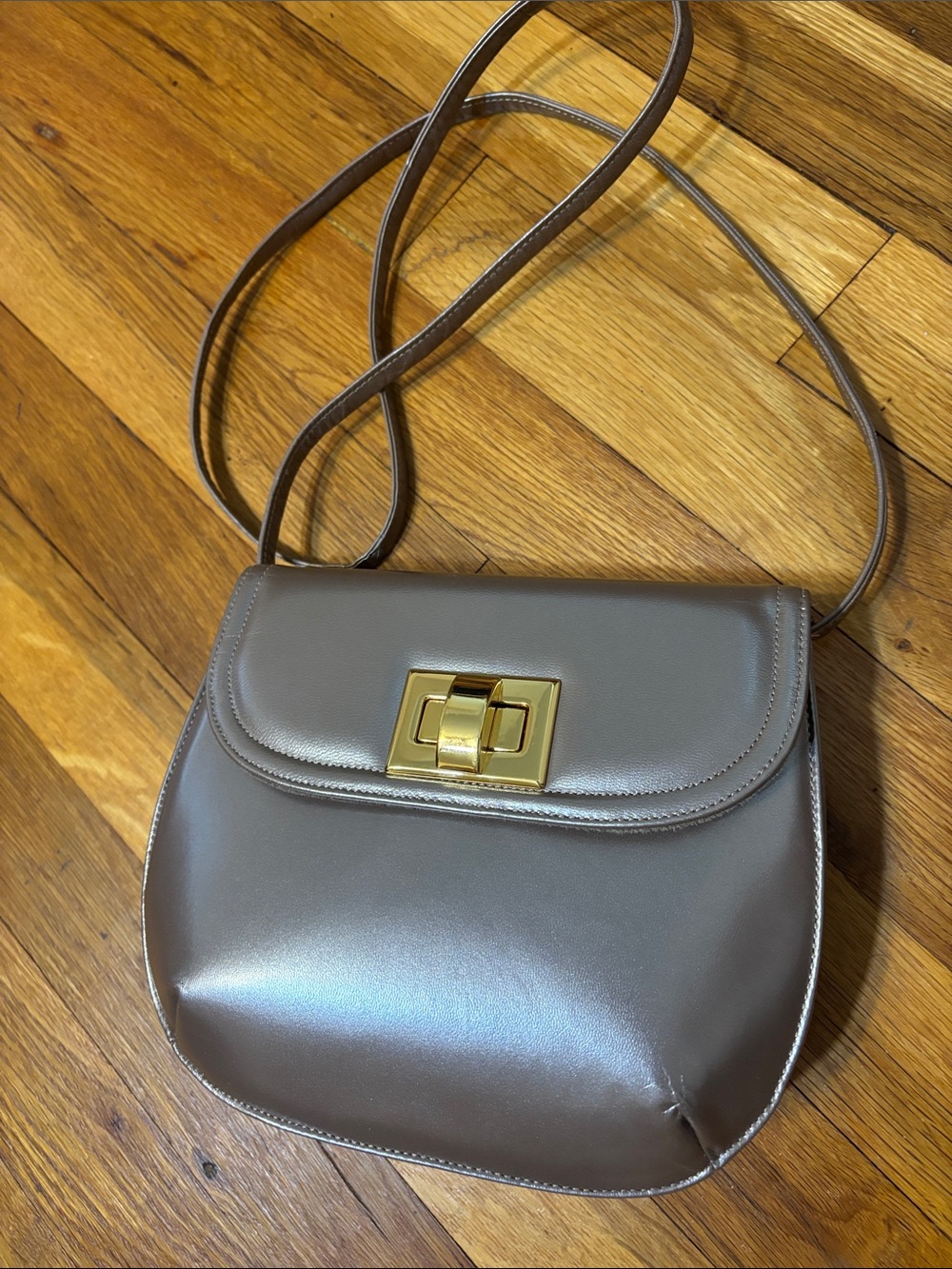 Frenchy of California Metallic Taupe Crossbody Bag Purse w/ Gold Turn-Lock